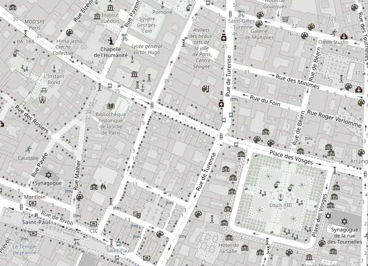 Carte du quartier autour du cabinet, 11 rue des Francs-Bourgeois, 75004 Paris, entre le métro Saint-Paul et la place des Vosges.